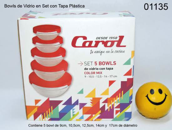 Imagen de BOWL DE VIDRIO EN SET X5 CON TAPA PLASTICA 10.24